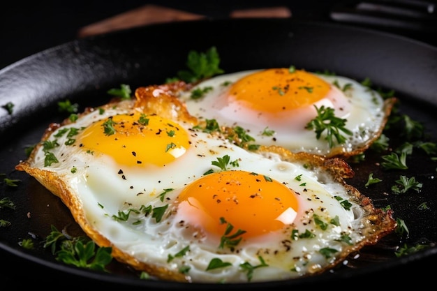 gebratenes Ei in der Nähe des gebratenen Eies auf einer Bratpfanne gesalzenes und gewürztes gebratenes Ei mit Petersilie