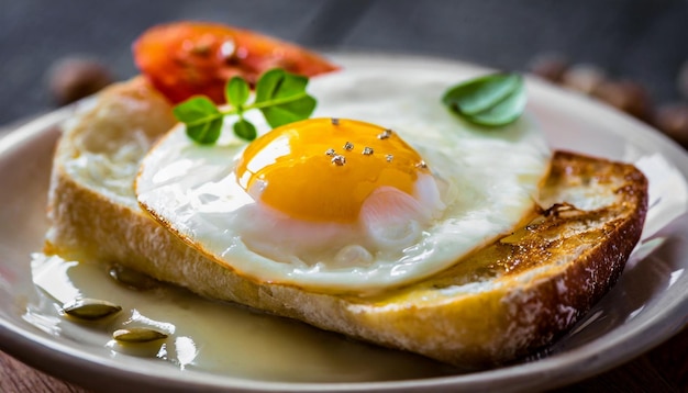 Gebratenes Ei mit Grünen und Tomaten auf knusprigem Brot auf einer Keramikplatte Lecker Toast zum Frühstück