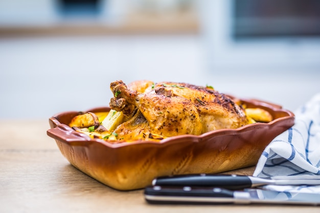 Gebratenes ganzes Huhn mit Kartoffeln in Auflaufform. Leckeres Essen zu Hause auf der Küchentheke.