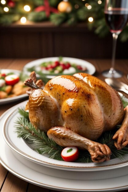 Gebratenes ganzes Huhn mit Weihnachtsdekoration