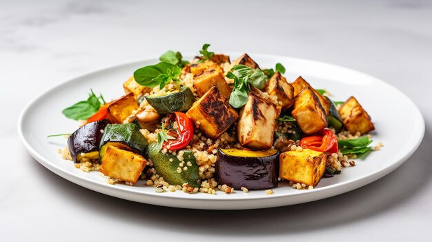 Gebratenes Gemüse mit Quinoa und Tofu auf einem Teller