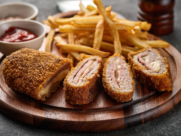 Gebratenes Hähnchen Cordon Bleu mit Käse und Schinken paniert mit Pommes frites