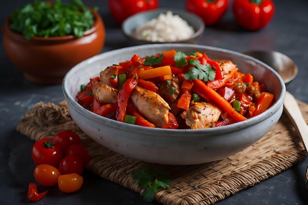 Gebratenes Hühnchen mit Chili, Paprika, Tomaten und Karotten