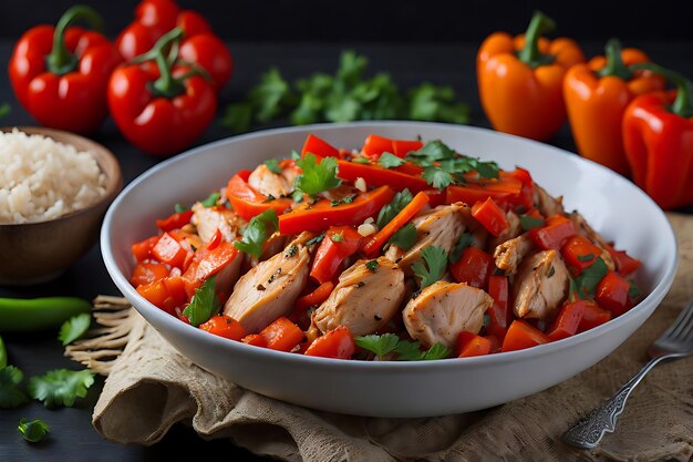 Gebratenes Hühnchen mit Chili, Paprika, Tomaten und Karotten