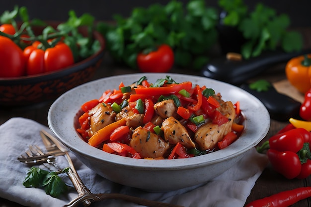 Gebratenes Hühnchen mit Chili, Paprika, Tomaten und Karotten