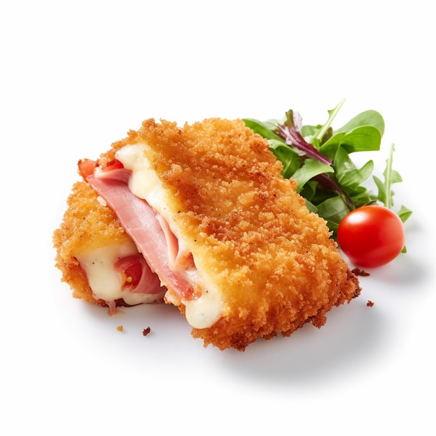 Gebratenes Hühner-Cordon-Bleu mit Käse in Semmelbröseln, Schweizer Essen, isoliert auf weißem Hintergrund. Generative KI