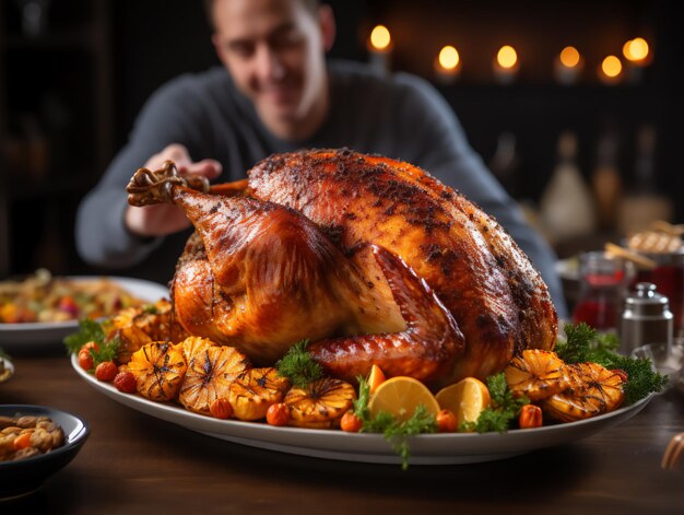 Gebratenes Huhn auf einem Teller mit Gemüse Thanksgiving Day, generiert von KI