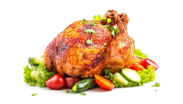Gebratenes Huhn mit Gemüse auf weißem Hintergrund
