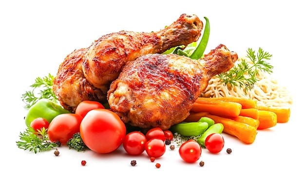 Gebratenes Huhn mit Gemüse und Nudeln auf weißem Hintergrund