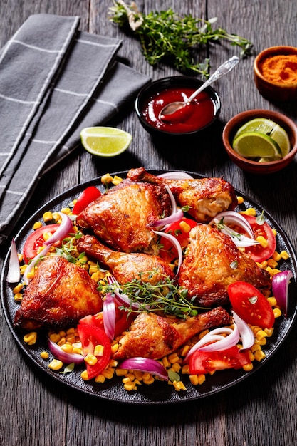 Foto gebratenes huhn mit mais und tomaten auf dem teller