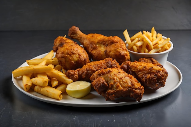 gebratenes Huhn mit Pommes Frites und Nuggets