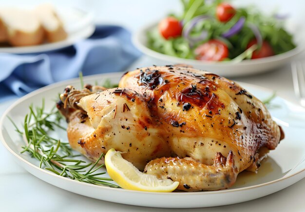 Gebratenes Huhn mit Pommes und Gemüsesalat auf dem Tisch