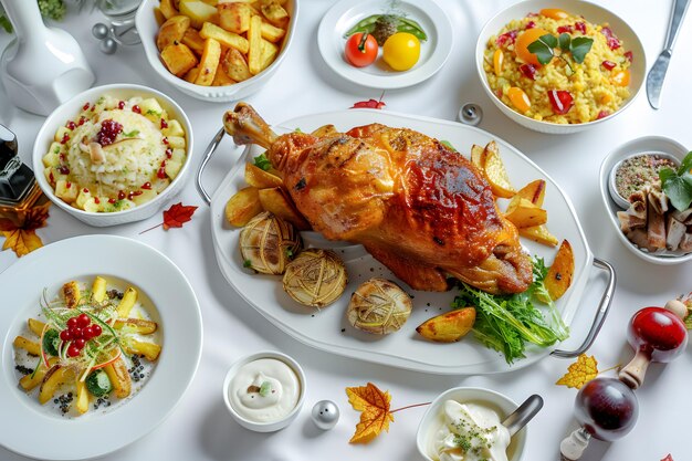 Gebratenes Huhn mit Pommes und Gemüsesalat auf dem Tisch