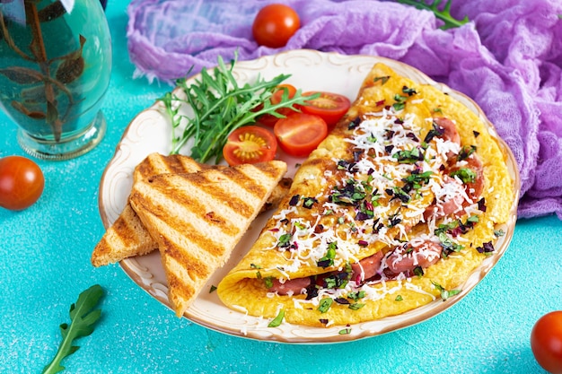Gebratenes Omelett gefüllt mit Wurst, Tomaten, Grün und Käse Leckeres einfaches Frühstück