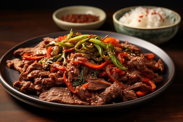 Gebratenes Rindfleisch mit Gemüse und Reis auf einem schwarzen Teller Rindbulgogi mit Kimchi