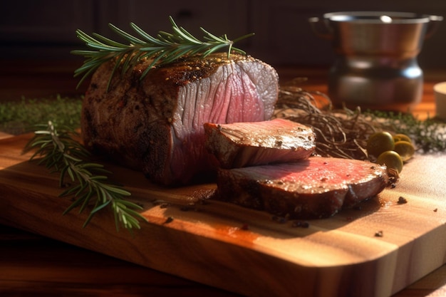 Gebratenes Rindfleisch-Steak mit Kräutern Rosmarin auf einem Holzbrett, das von KI generiert wurde