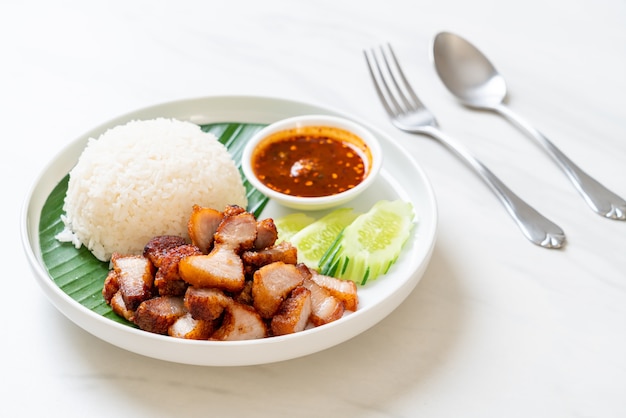 Gebratenes Schweinebauch mit Reis mit würziger Sauce nach asiatischer Art