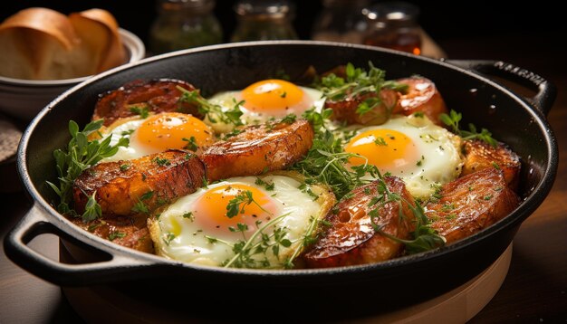 Foto gebratenes schweinefleisch, gegrillte tomaten, gesunde mahlzeit, rustikale hausgemachte küche, erzeugt durch ki