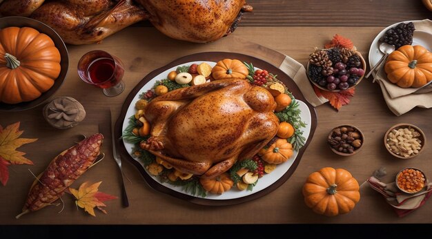 Foto gebratenes schweinefleisch mit kartoffeln und rosmarin thanksgiving-szene top-view des tisches gebackenen speisen