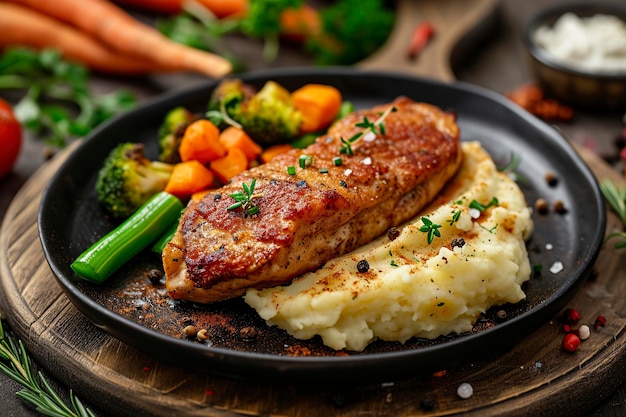 gebratenes Schweinefleisch mit Kartoffelpüree und Gemüse