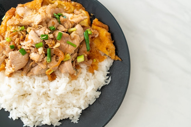 gebratenes Schweinefleisch mit Knoblauch und Ei auf Reis - asiatische Küche