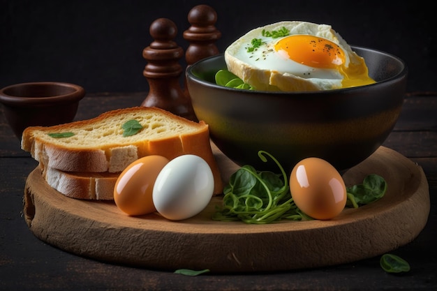 Gebratenes Toastbrot mit vier verschiedenen Arten von gekochten Hühnereiern, die von der KI generiert werden