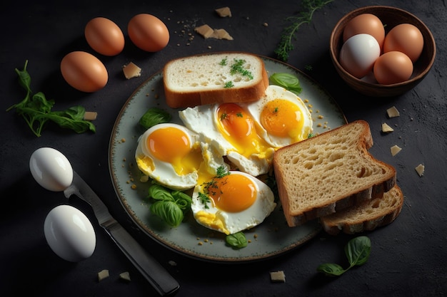 Gebratenes Toastbrot mit vier verschiedenen Arten von gekochten Hühnereiern, die von der KI generiert werden