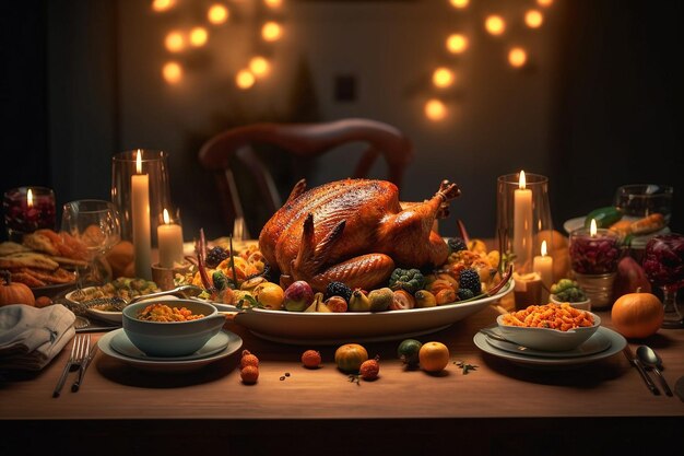 Gebratenes Truthahngericht mit herbstlicher Dekoration auf einem Tisch Thanksgiving-Dinner Generative Ai