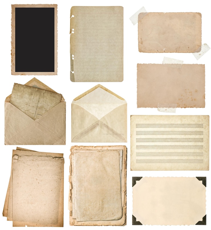 Foto gebrauchte papierbögen eingestellt vintage buchseiten bilderrahmen umschlag sammelalbum