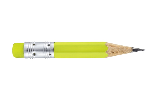 Gebrauchter oder getragener grüner Stift mit Radiergummi lokalisiert auf weißem Hintergrund