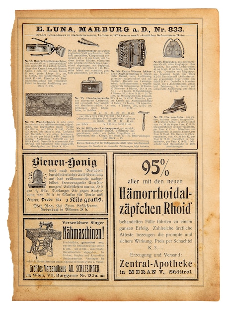 Gebrauchtes Papierblatt. Vintage Shop Werbung, Seite Shopping Katalog Deutschland 1915