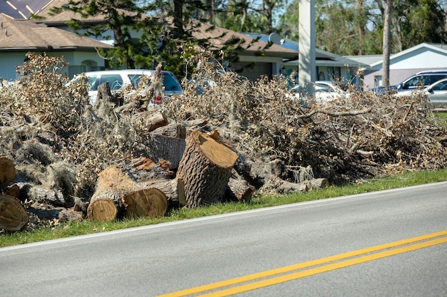 Gebrochene Baumzweige und Äste am Straßenrand durch den Hurrikanwind im Wohngebiet von Florida Nachfolge der Naturkatastrophe