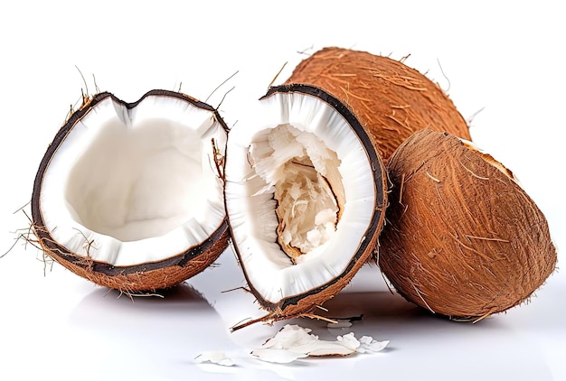 Gebrochene Kokosnüsse isoliert auf weißem Hintergrund