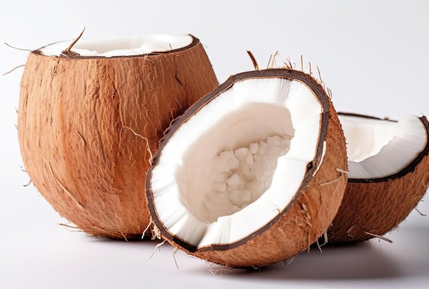 Gebrochene Kokosnüsse isoliert auf weißem Hintergrund