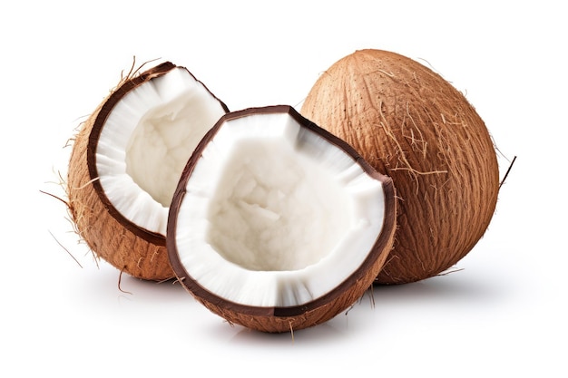 Gebrochene reife Kokosnüsse auf weißem Hintergrund