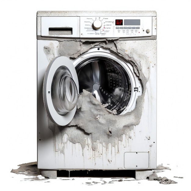 Gebrochene Waschmaschine auf weißem Hintergrund