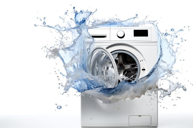 Gebrochene Waschmaschine mit spritzendem Wasser auf weißem Hintergrund