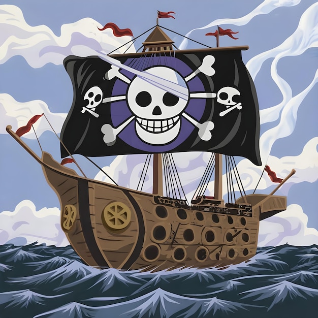 Gebrochener Schädel und Blutkreis auf einer Dreadnought-Flagge eines Piratenschiffs