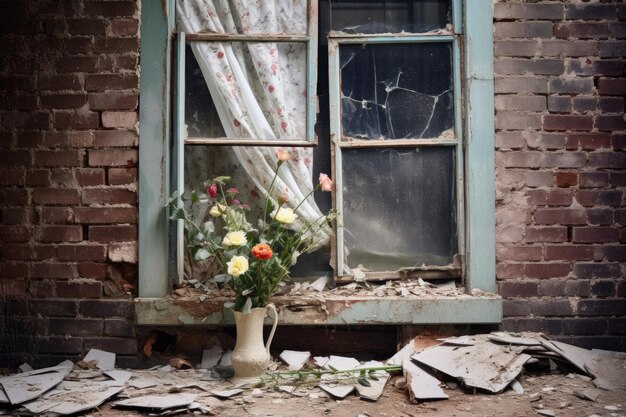 Gebrochenes Fenster mit einem in der Nähe liegenden Ziegelstein, erstellt mit generativer AI