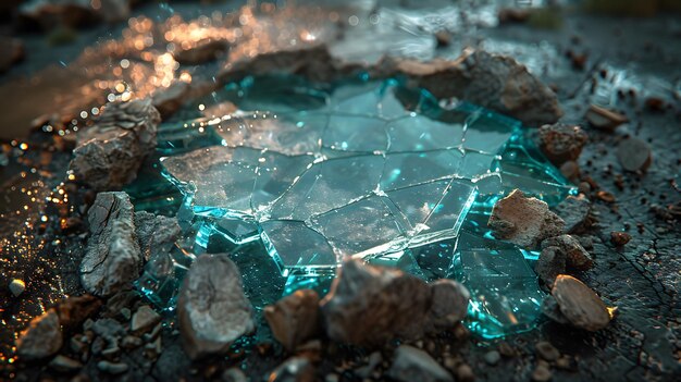 Gebrochenes Glas auf dem Boden unterschiedlicher Größe und Form bei Autounfall oder Einbruch