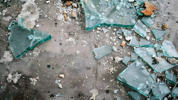 Gebrochenes Glas auf dem Boden unterschiedlicher Größe und Form bei Autounfall oder Einbruch