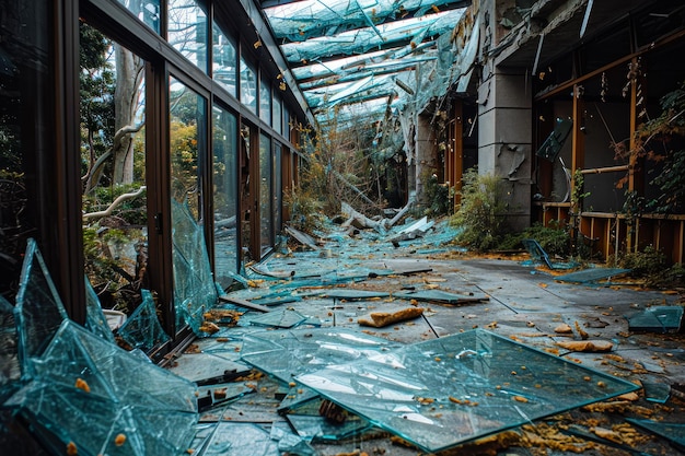 Gebrochenes Glas aus Fenstern in verlassenen Gebäuden nach der Apokalypse