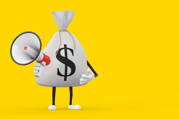 Gebundene rustikale Leinwand Leinen Geldsack oder Geldsack und Dollarzeichen-Charakter-Maskottchen mit rotem Retro-Megaphon auf gelbem Hintergrund. 3D-Rendering