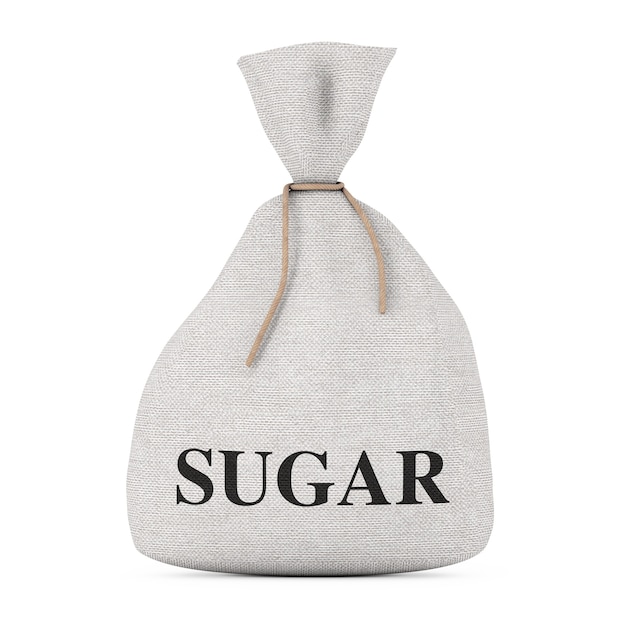Gebundener rustikaler Leinensack oder Tasche mit Zuckerzeichen auf einem weißen Hintergrund. 3D-Rendering