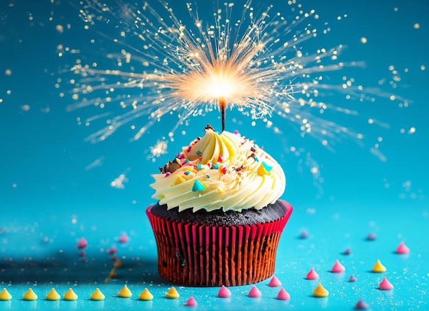 Geburtstags-Cupcake mit Kerze auf blauem Hintergrund mit Kopierraum
