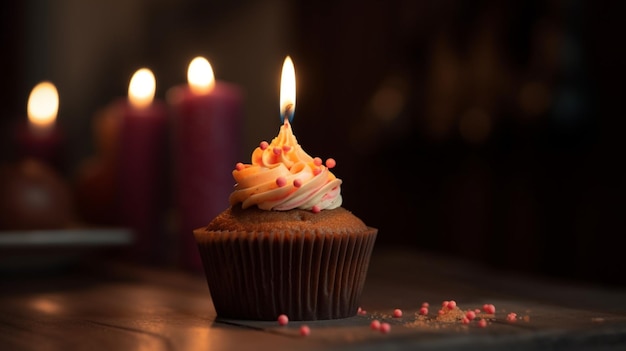 Geburtstags-Cupcake mit Kerzenbokeh