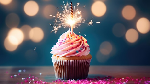 Geburtstags-Cupcake mit Wunderkerze und Streuseln für eine Geburtstagsfeier. Erstellt mit generativer KI-Technologie
