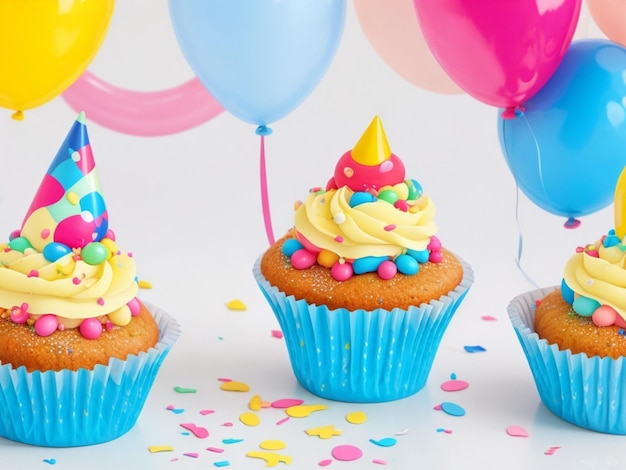 Geburtstags-Cupcakes mit Hintergrund aus bunten Luftballons