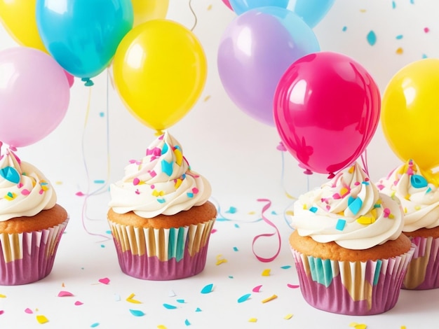 Geburtstags-Cupcakes mit Hintergrund aus bunten Luftballons