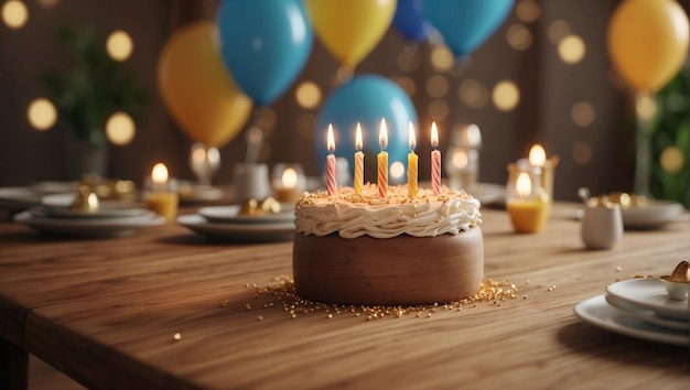 Geburtstags-Hintergrund mit Holztischkuchen und bunten Ballons im Hintergrund